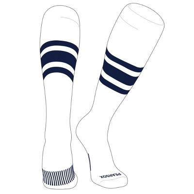 PEAR SOX Striped OTC Baseball, Softball, Football Socks (B) White, Navy (M)