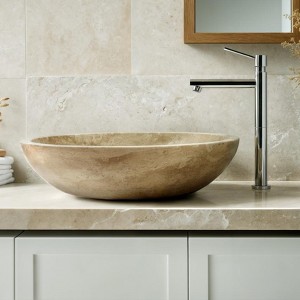 Hand-Carved Light Travertine Round Vessel Sink – Premium Natural Stone Bathroom Fixture - 1 of 3