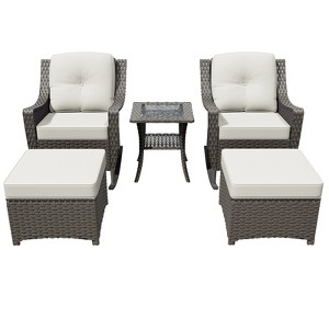 YARDSIGHT 5-Piece All-Weather Wicker Patio Set: 2 Rocking Chairs, 2 Ottomans & Glass-Top Side Table for Backyard, Porch, Balcony - 1 of 4