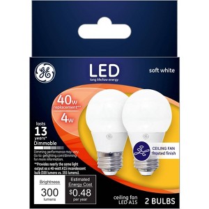 GE 2pk Soft White LED 40W Frosted Ceiling Fan A15: Dimmable 2700K A15 Light Bulbs, 13.7-Year Life, 300 Lumens, E26 Base - 1 of 3