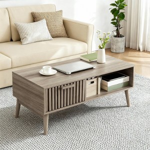 Coffee Table with Storage, 39.4" Mid Century Modern Fluted Center Tables with Drawer, Open Shelf & Study Wood Legs, Rectangle Design for Home Office - 1 of 4