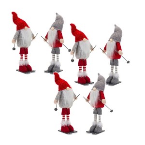 Plush Standing Gnome Skier Figurines – Set of 6, 14.25"H Red & Grey Polyester Holiday Decor for Indoor Display By Melrose - 1 of 4