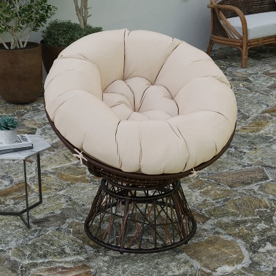 Brown Wicker Swivel Patio Chair with Beige Cushion