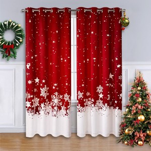 Red Christmas Room Darkening Velvet Curtains for Living Room 2 Panel Sets with Snowflake Print - 1 of 4