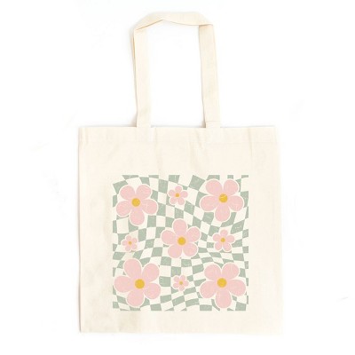 City Creek Prints Wavy Checkered Flowers Canvas Tote Bag - 15x16 - Natural