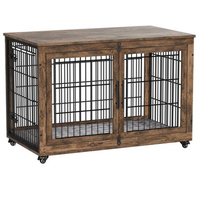 Gikpal Wooden Dog Crate Furniture, Stylish Dogs Kennel for Small to Extra Large, Double Door & A Cushion & 360°Wheel, Metal, Chew-Proof, Dog Cage