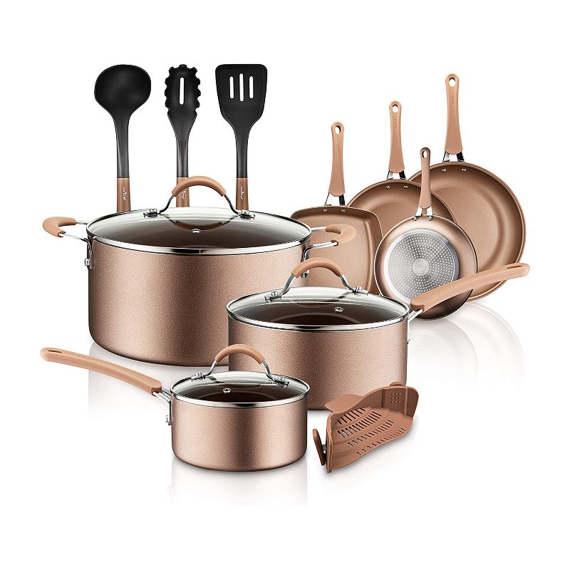 NutriChef Metallic Nonstick Ceramic Cooking Kitchen Cookware Pots & Pan Set w/ Lids, Utensils, & Cool Touch Handle Grips 14 Piece Set, Bronze (4 Pack), 2 of 7