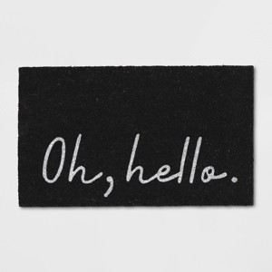 1'6"x2'6" Oh Hello Doormat Black - Threshold™: Outdoor Welcome Mat, Coir & Latex, Traditional Typography Design - 1 of 3