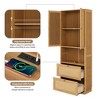 Tall Rattan Storage Cabinet with 2 Doors, 3 Drawers and Open Shelves, BookShelf, Pine Wood Storage Cabinet with USB Port for Living Room, Bedroom - 3 of 4