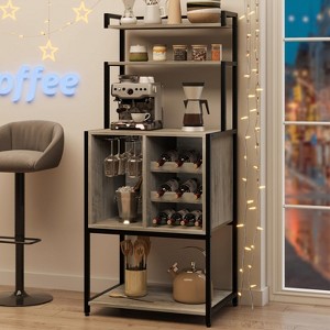 Wine Bar Rack Cabinet, Freestanding Wine Cabinet with Glass Rack Wine Bottle Holders, Industrial Bakers Rack - 1 of 4