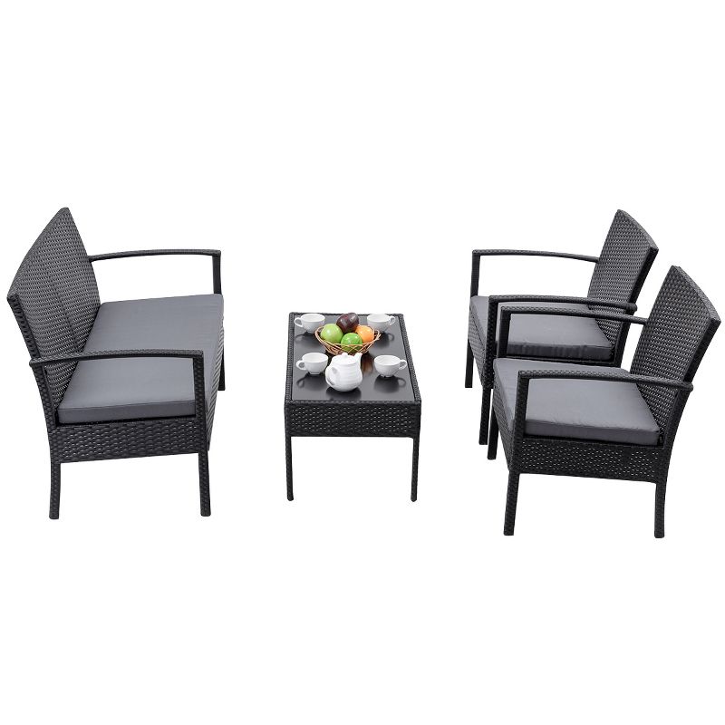 Tangkula 4 PCS Rattan Wicker Furniture Set Loveseat Sofa Cushioned Patio Outdoor Black, 3 of 9