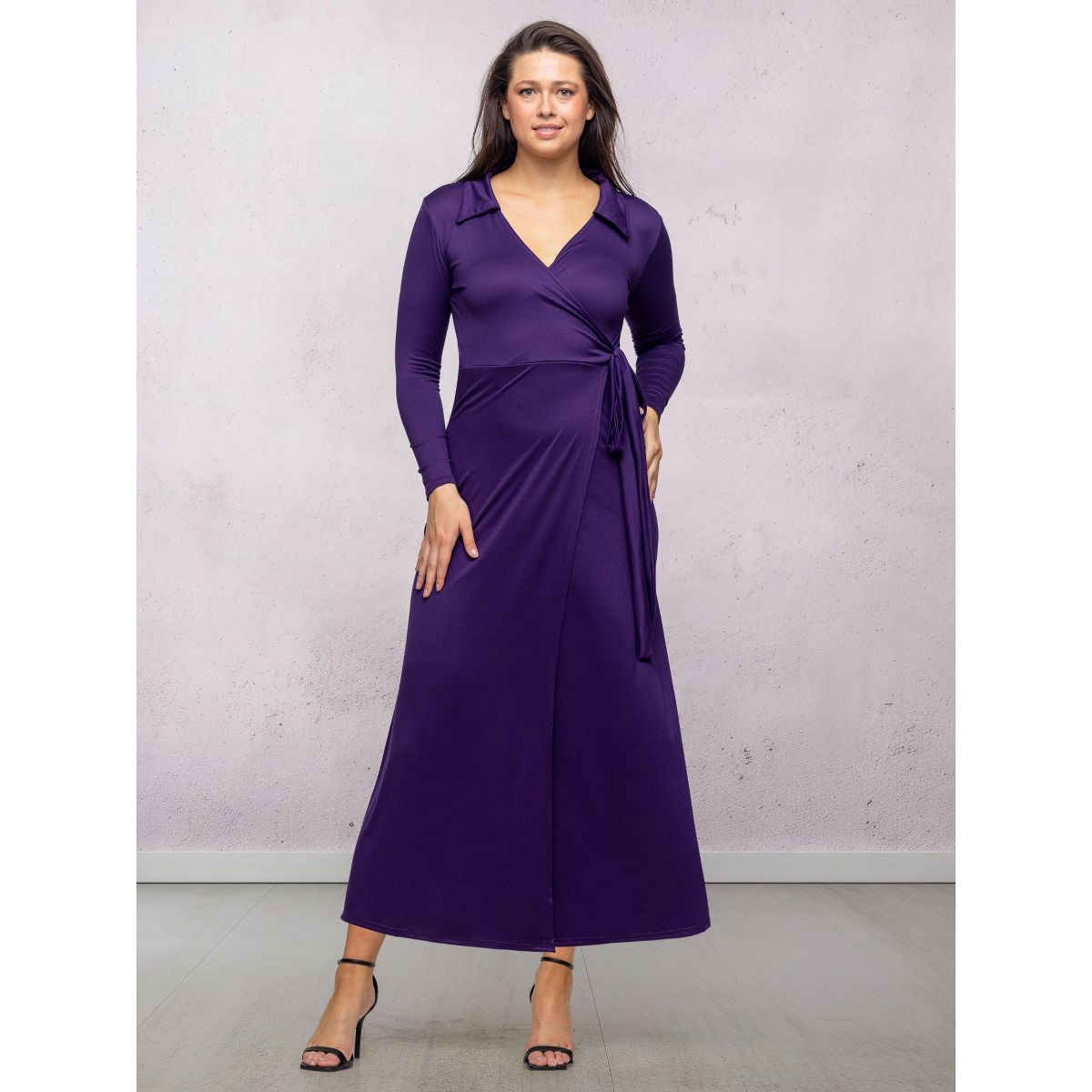 Womens V-Neck Long Sleeve Collared Wrap A-Line Maxi Dress - 24seven Comfort Apparel™ - thumbnail 5
