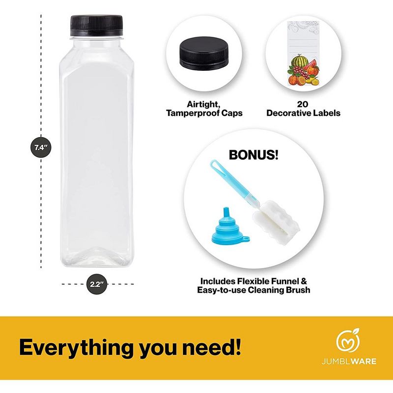 JumblWare 16 oz. Reusable Plastic Juice Bottles with Caps, 20 pcs., 3 of 6