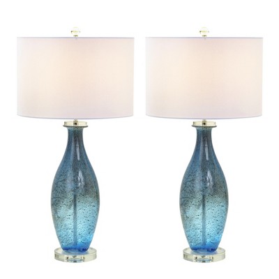 HomeRoots Set of Two 30" Blue Crystal And Glass Table Lamps With White Drum Shades