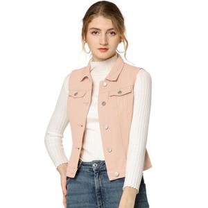 INSPIRE CHIC Women's Buttoned Washed Denim Vest with Faux Chest Flap Pockets - 1 of 4