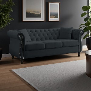 79" Velvet Chesterfield 3-Seater Sofa with Rolled Arms & Nailhead Trim - 1 of 4