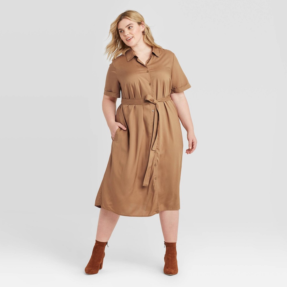 Women's Plus Size Short Sleeve Collared Neck Shirtdress - Ava & Viv Tan 4X, Women's, Size: 4XL, Brown was $27.99 now $19.59 (30.0% off)