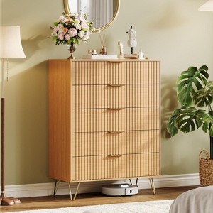 Narrow Vertical 5-Drawer Dresser - Fluted Wave Pattern, Modern Tall Chest & Small Nightstand for Bedroom/Living Room/Entryway - 1 of 4