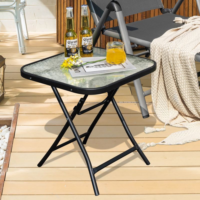Costway Patio Folding Square Glass Side Table Bistro Coffee Table Plant Stand, 4 of 11