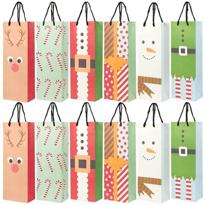 Photo 1 of 24-Pack Wine Bags - Kraft Paper Bags, Paper Bags with Handles for Shopping, 6 Assorted Designs - 15.3x3.2x5.5"