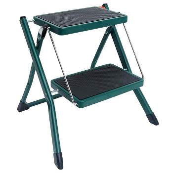 Delxo Portable Collapsible Lightweight Alloy Steel 2 Step Stool Step Ladder with Non-Slip Wide Pedestal and Locking Mechanism, Green
