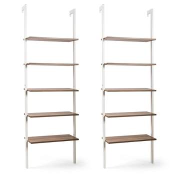 Tangkula 2PCS 5-Tier Ladder Shelf Wood Wall Mounted Display Bookshelf Metal Frame