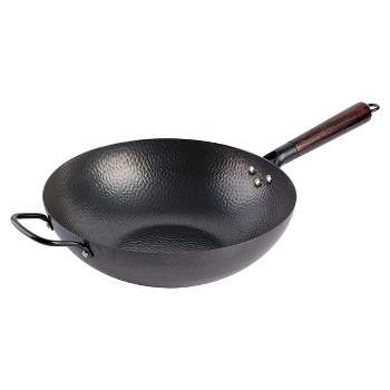 Gibson Home Stargaze 13 Inch Carbon Steel Nonstick Hammered Wok with Wood Handle in Black