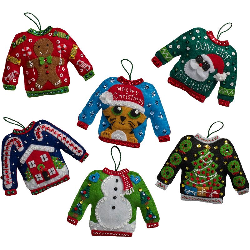 Bucilla Felt Ornaments Applique Kit Set Of 6-Ugly Sweater, 2 of 3