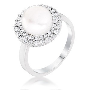 Slickblue Double Halo Pearl Cocktail Ring for Women, Hematite or Silver Finish, Freshwater Pearl, CZ Accents, Sizes 5-10 - 1 of 1
