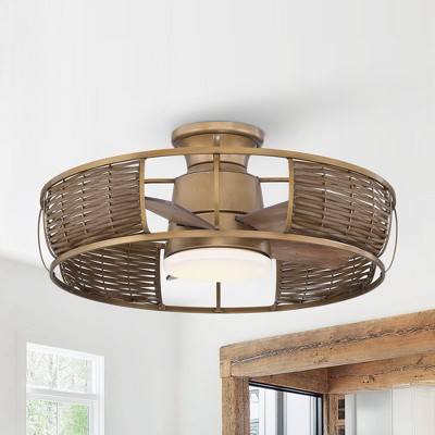 Natural Brass Rattan Flush Mount Ceiling Fan with LED Light and Remote