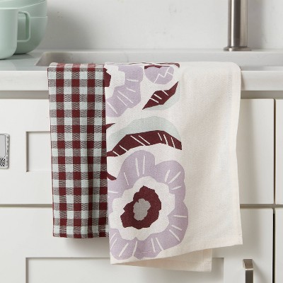COTTON TOP HANGING KITCHEN TOWEL 2-Pc SET Pink Flowers Kitchen Towels