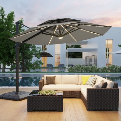 Sonkuki 11Ft LED Double Top Aluminum  LED Cantilever Patio Umbrella with Base for Patio Deck Garden