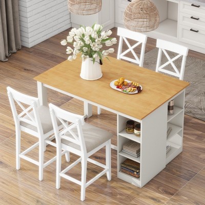 5 Piece Farmhouse Counter Height Dining Table Set Dining Set with 4 Upholstered Dining Chairs and 3-Tier Storage Shelves,Gray/Natural+White-ModernLuxe