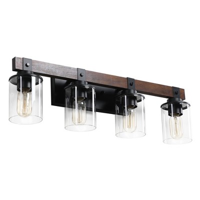 DAKAFUL Industrial Bathroom Vanity Light,Vanity Fixture with Walnut Pole &Clear Glass Shade,3/4/5-Light Wall light for Mirror, Bathroom, Bathtub Area