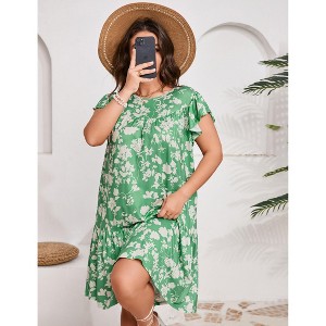 Plus Size Women's Round Neck Shirred Dress Flowy Midi Dress with Pockets, All-Over Floral Print - 1 of 4