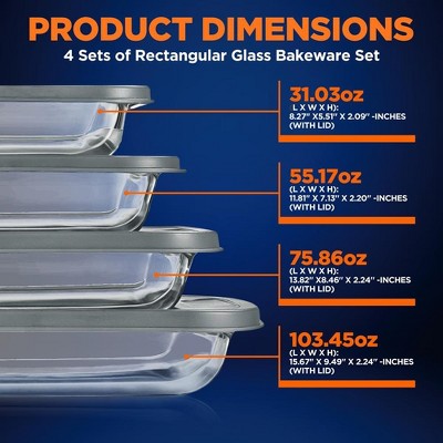 NutriChef 4-Piece Rectangular Glass Bakeware Set with Lids