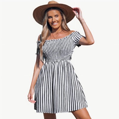 Women's Off Shoulder Striped Elastic Smocked Bodice Mini Sun Dress - Cupshe