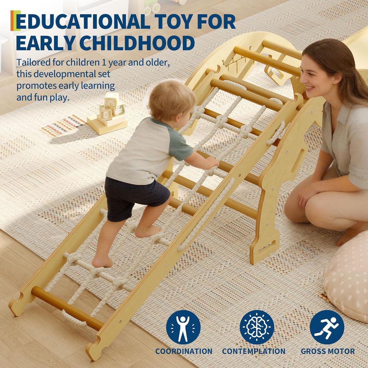 Wooden Climbing Triangle Set for Toddlers. 8-in-1 Foldable Play Gym with Slide. Arch & Rope Ladder. Indoor Jungle Gym for Kids 1+ Years - thumbnail 9