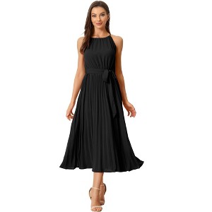 Allegra K Women's Sleeveless Halter Neck Belted A-Line Cocktail Pleated Maxi Sundresses - 1 of 4