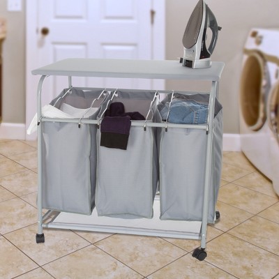 Hastings Home Rolling 3-Bin Laundry Sorter and Ironing Station - 29.5" x 18", Gray