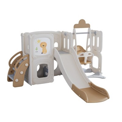 5 in 1 Toddler Slide and Swing Set, Kids Playground Climber Slide Playset with Drawing Whiteboard, Slide, Swing, Storge Space, Climber,Easy Assemble
