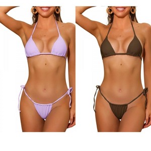 INSPIRE CHIC Women's Halter Tie Side Drawstring Thong Triangle Bottoms Basic Bikini Sets Swimsuits 2 Sets - 1 of 4