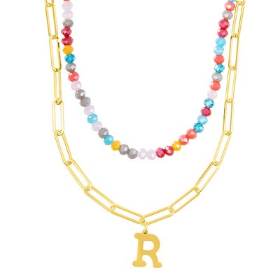 Adornia 14k Gold Plated Adjustable Layered Color Beads and Paperclip Chain Initial Necklace