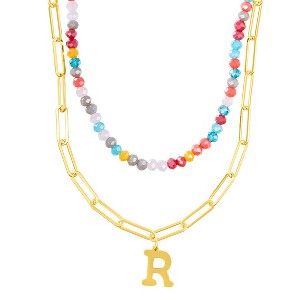 Adornia 14k Gold Plated Adjustable Layered Color Beads and Paperclip Chain Initial Necklace - 1 of 3