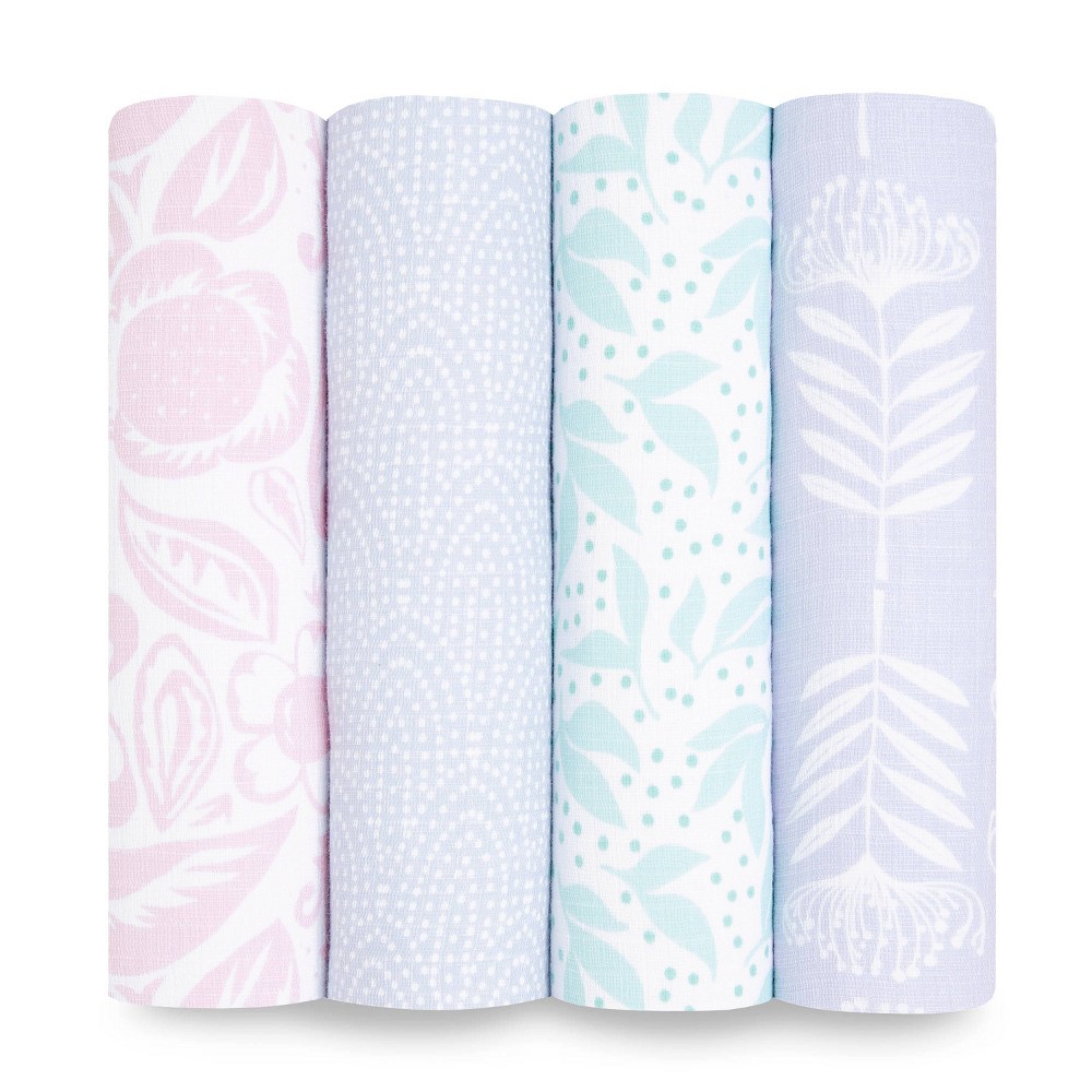 aden + anais essentials 4pk Cotton Muslin Swaddle Blankets - Damsel: Botanical, Floral Theme, 44"x44"
