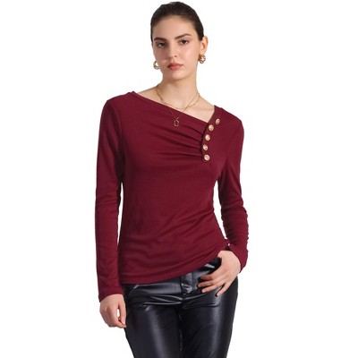 Allegra K Women's Asymmetrical Neck Button Decor Long Sleeve Pleated Casual Top