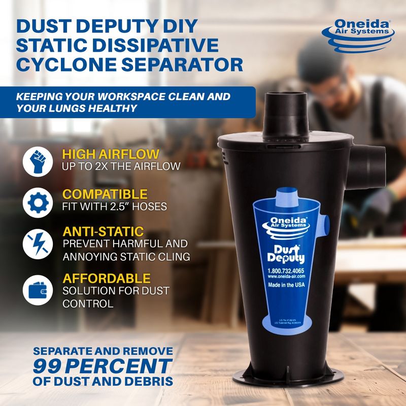 Oneida Air Systems Dust Deputy DIY Static Dissipative Cyclone Separator for Wet/Dry Industrial Vacuums, Dust Collection System, Black, 2 of 7
