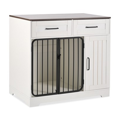 FURNIinspire Pet Crates and Houses, Dog Crate Furniture with Sliding Doors and Storage Drawers for Small Medium Size, White, 37.4"*23.6"*34.6"