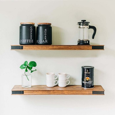 Willow & Grace Johnny 24 Inch Display Decor Floating Wood Shelves with Iron Corners for Kitchen, Bedroom, and Living Room, Light Walnut, Set of 2