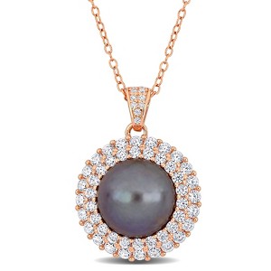 EVERLY JEWELRY | Rose Plated Sterling Silver 11-12mm Cultured Freshwater Black Pearl and 2 3/8 CT TGW Cubic Zirconia Halo Pendant with Chain-18 inch - 1 of 4